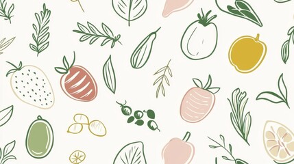 Fototapeta premium Seamless pattern featuring hand drawn fruits, vegetables, and leaves in vibrant, playful composition, radiating natural freshness across culinary and design backgrounds