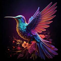 Deep purple hummingbird with long wings and tail. Brightly colored flowers. Amazing.