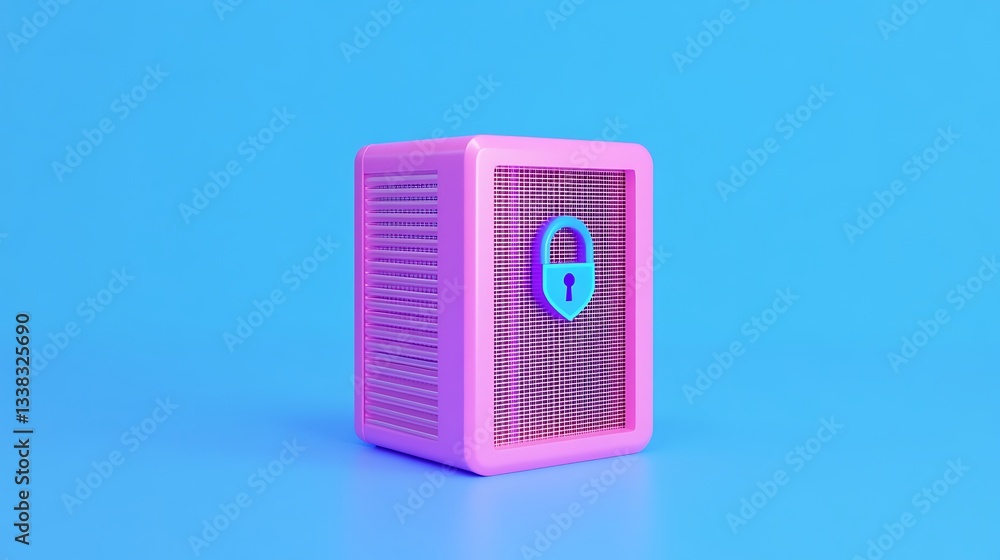 Poster bright pink storage box with a lock symbol on a blue background for secure storage and organization 