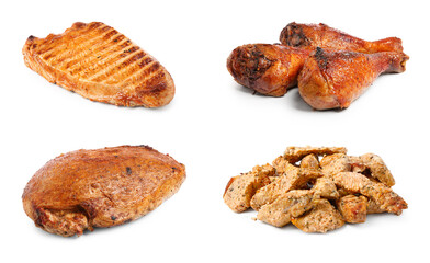 Different delicious dishes of turkey on white background, set