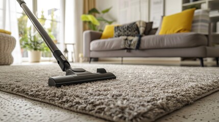A vacuum cleaner cleaning a shaggy carpet in a contemporary, bright, and cozy living room with modern decor