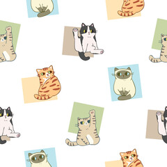 Seamless Pattern with Cartoon Cat Character Design on White Background. Hand Drawn Vector Illustration.