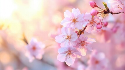 Obraz premium Spring's Gentle Embrace: Close-up view of cherry blossoms in full bloom, showcasing their delicate pink petals, and the soft bokeh.