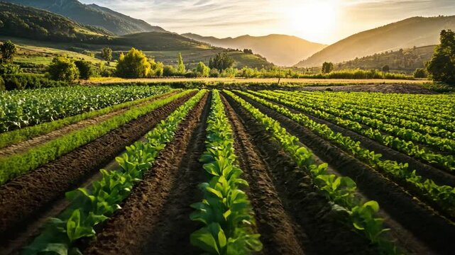 Fields of Growth: A vibrant agricultural scene showcasing organized rows of flourishing crops under the warm sunlight, set against a backdrop of rolling hills.