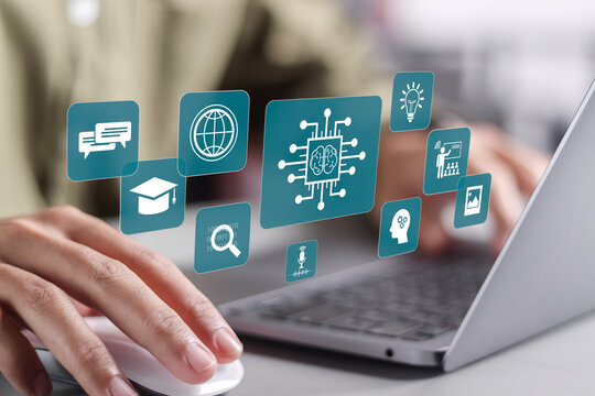 AI Artificial Intelligence technology for education. Modern digital learning, courses for developing new skills and e-learning. Man learning lessons and online seminars on laptop.