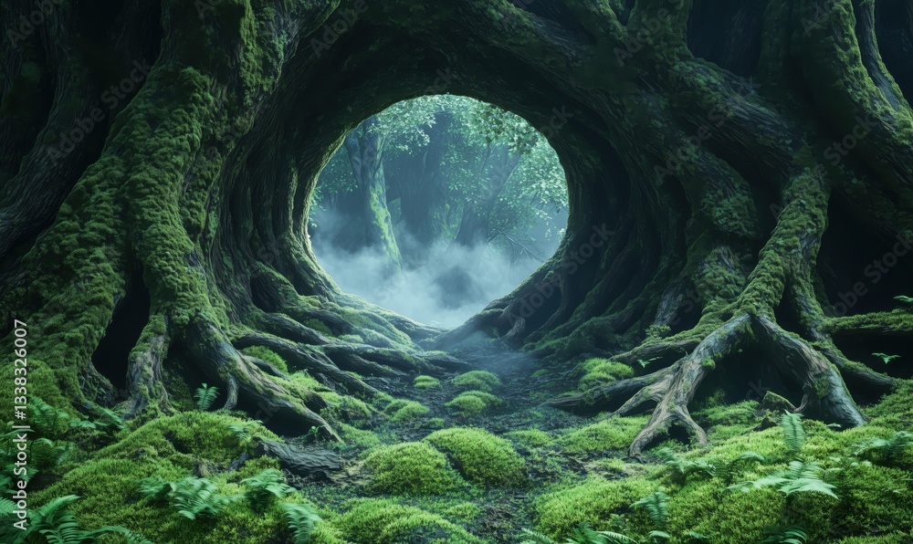 Poster mysterious forest pathway through ancient trees with moss and fog
