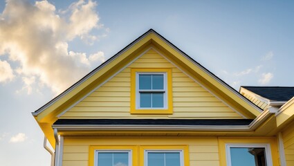 Sun is illuminating the side of a newly built home featuring traditional lap vinyl siding, a yellow window frame, and a gable.