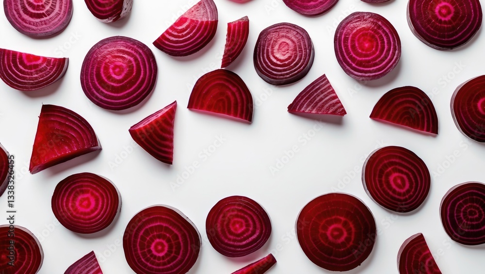 Poster beetroot slices arranged on a white background with clipping path and full depth of field. aerial vi