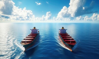Two large cargo ships navigating calm ocean waters under a bright blue sky