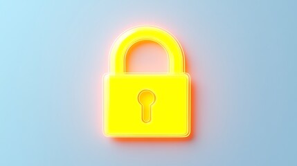 Fototapeta premium Bright Yellow Neon Padlock on Soft Blue Background Representing Security and Protection Concept in Digital World