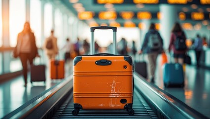 Suitcase or baggage on a luggage conveyor belt in an arrivals area. Selective focus.