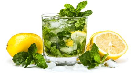 A glass of lemonade with a slice of lemon on the side. The drink is cold and refreshing, perfect for a hot day