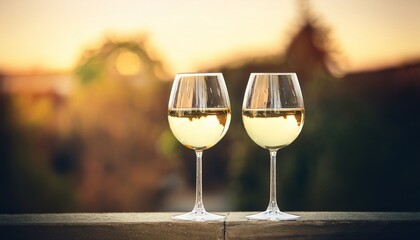 Obraz premium Two wineglasses with cold white wine backlit with sunlight, closeup moody toned- 55720