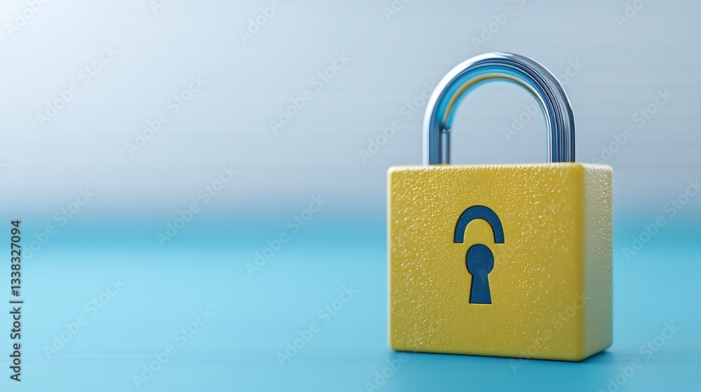 Poster bright yellow padlock with open lock symbol on a colorful background, representing security and prot