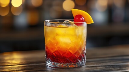 Refreshing Tropical Cocktail with Ice, Cherry, and Orange Garnish on Bar Table