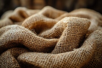 Fototapeta premium Close-up of textured burlap fabric. Natural fibers create a rustic, warm feel. Ideal for design projects needing a touch of the outdoors.