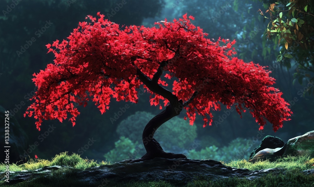 Poster vibrant red maple tree in serene forest setting with soft lighting and lush greenery