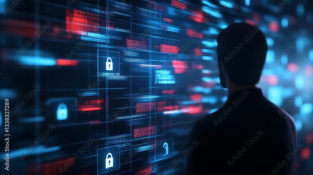 Poster business person analyzing cybersecurity data on digital screen with lock symbols representing encryp
