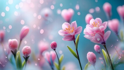 Dreamy pink flowers with a bokeh background in blue, a celebration of springtime