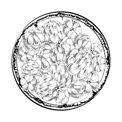 Cloudberry raspberry heap on ceramic plate, hand drawn vector ink, ripe line Scandinavian forest berry. Isolated illustration. Restaurant, dessert cafe menu, home preserves, farmers market harvest