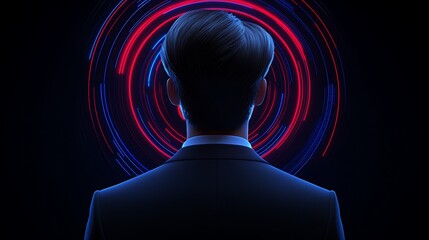 Businessman in Suit Facing Abstract Neon Swirl Pattern, Futuristic Background, Digital Concept Illustration