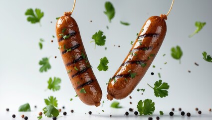 Flying whole grilled sausages with herbs and spices. Isolated on a white background. Delicious grilled sausages and vegetables airborne. Grilled sausages separated.