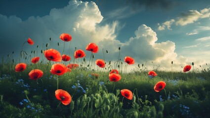 Fototapeta premium Beautiful blooming red poppy flowers in a field on a sunny day with a cloudy sky.