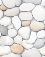 A seamless high-resolution texture of smooth, multicolored pebbles in varying shades of white, beige, and gray, ideal for design projects requi a natural stone background or