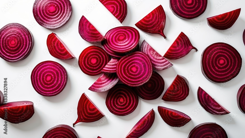 Aufkleber beetroot slices arranged on a white background, featuring a clipping path and full depth of field. a