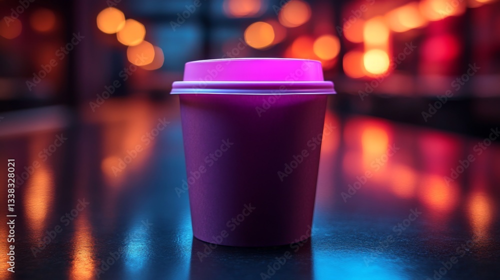Poster a vibrant coffee cup stands prominently on a table, illuminated by colorful ambient lights in a mode