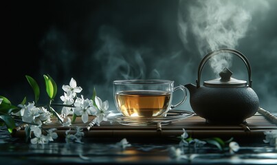 Steaming cup of tea with teapot and flowers on bamboo mat in serene setting
