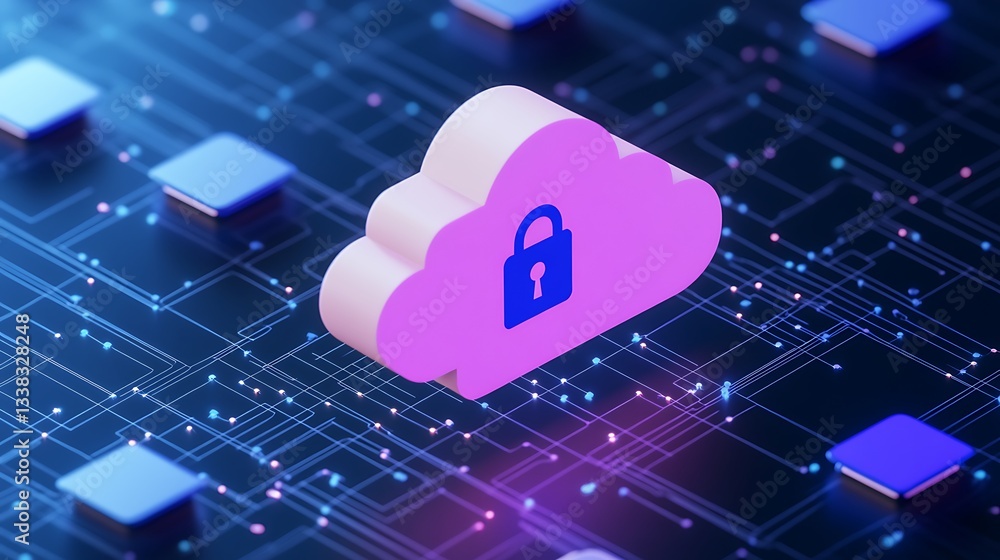 Poster cloud security concept with lock icon on digital background illustrating data protection and cyberse