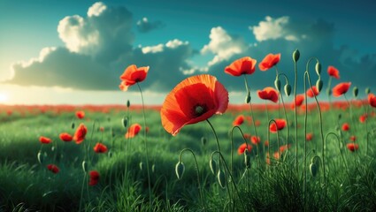 Obraz premium Summer red poppy in a grassy field landscape.