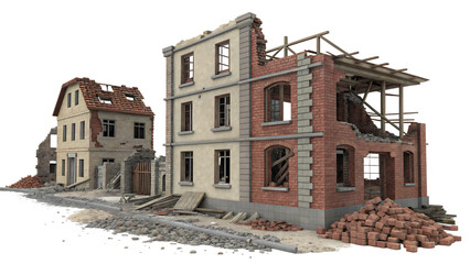 Fototapeta premium Destroyed Cityscape After Earthquake - Isolated on White Background - Transparent PNG - AI Generated