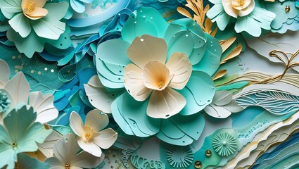 Elegant teal and cream paper flower arrangement with gold accents, a textured artistic scene.