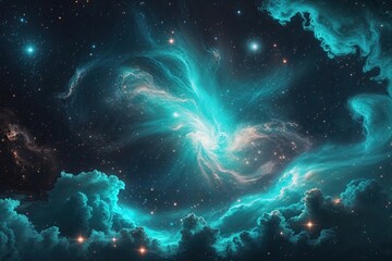 Fototapeta premium Magical Smooth Striking Turquoise Nebula Cosmic Design in a Dazzling Dark Sky