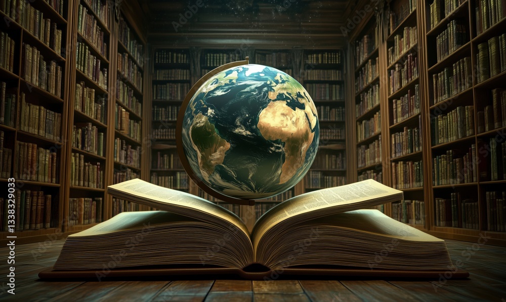 Poster globe on open book in library symbolizing knowledge and exploration