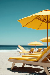 Yellow parasols and beach chairs providing shade on sandy beach