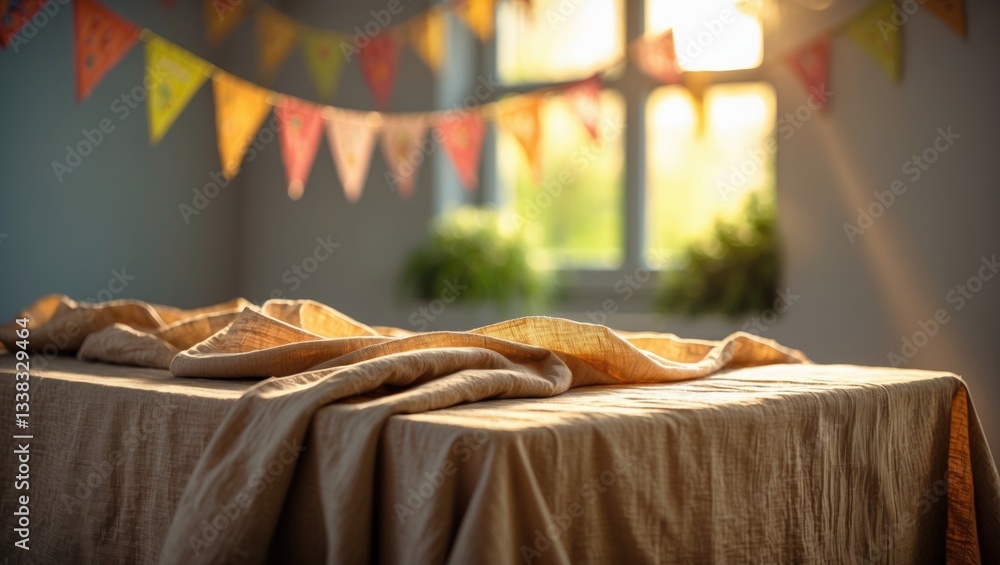 Poster table background featuring a tablecloth and a blurred spring window space. copy space available for 