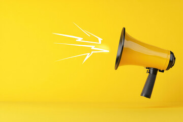 Yellow megaphone making a loud announcement on yellow background
