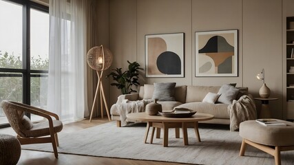 A stylish and modern interior scene showcasing a minimalist living room with a warm, natural color palette. The furniture includes a woven chair and a round pouf on the floor.