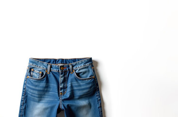 Close-up of the top of jeans on a white background, space for text