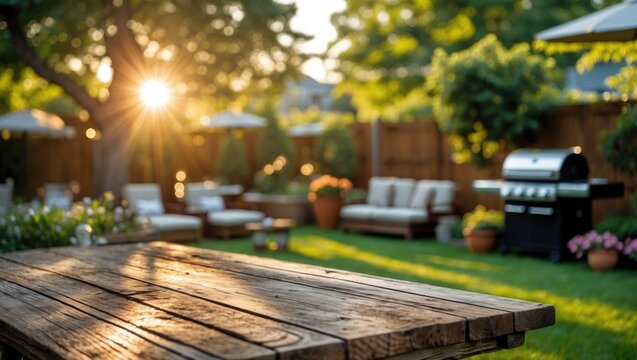summer party in backyard garden with BBQ grill, wooden table, blurred background