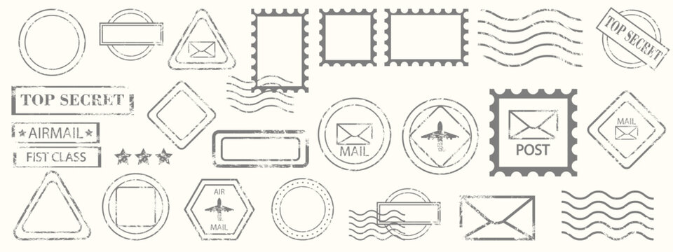 Collection of Vintage Postage and Airmail Stamp Designs. Vintage grunge post stamps, retro postmarks, wave lines and airmail stamp designs with text like "Top Secret" and "Airmail." Vector  