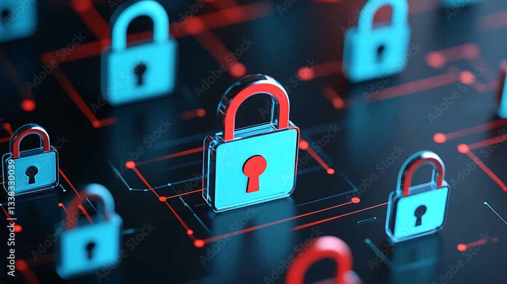 Poster colorful digital illustration of multiple padlocks on a circuit board representing online security a