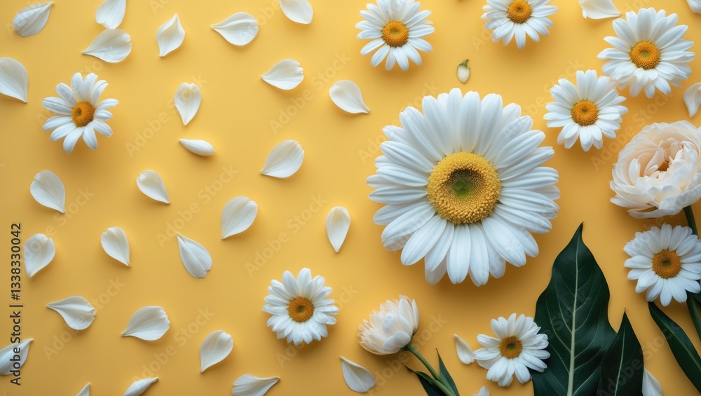 Poster spring or summer backdrop featuring blank space for text with flowers and petals. overhead view. fla