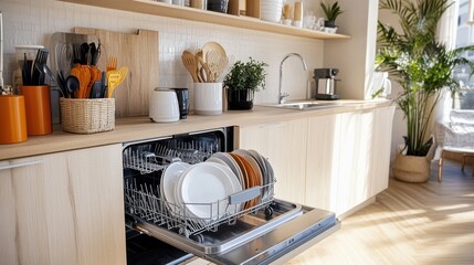 Man loading dishwasher at home in casual setting.