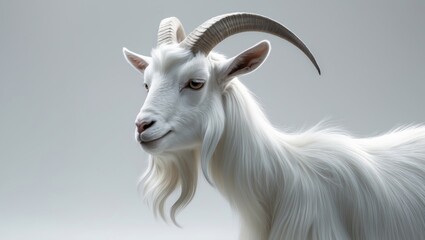 Fototapeta premium Sweet nearly smiling white goat, positioned sideways. Head turned and gazing at the camera. Isolated against a white backdrop.