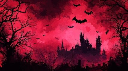 red Halloween background with silhouettes of trees, dark castle in the background