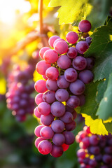 gentle sunlight highlights the vibrant purple grapes on an old vine,